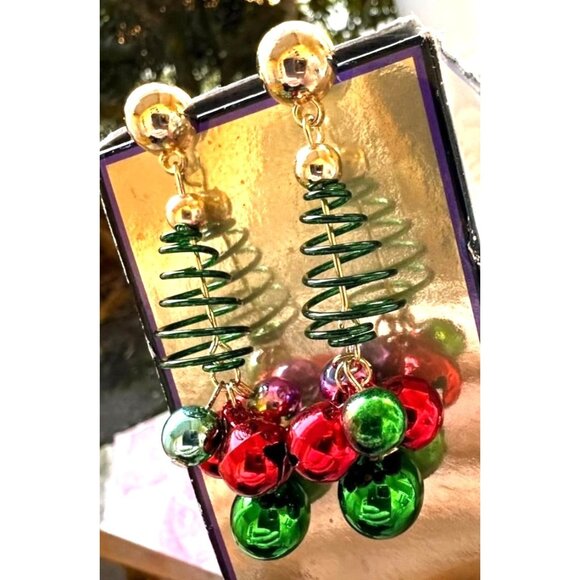 Christmas Tree Earrings New Handmade Jingle Bells Dangle Posts Festive P… - Picture 9 of 12